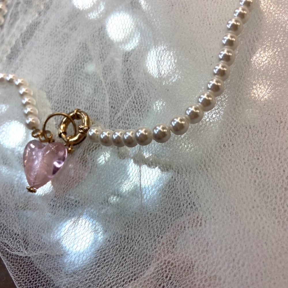 Y2k Style Pearl Choker Pink Crystal Resin Pendant Accesory Women Necklace - Picture 3 of 6